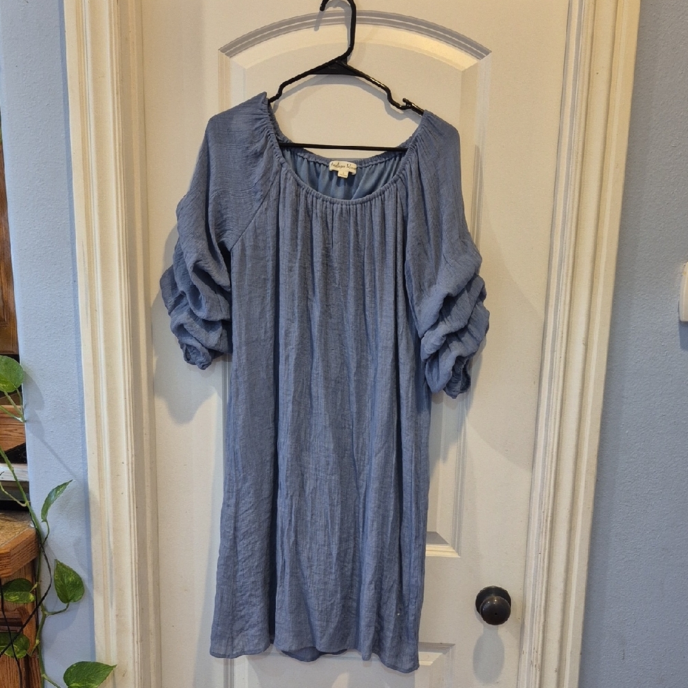 Light Blue Women's Gauze Puff-Sleeve Dress
